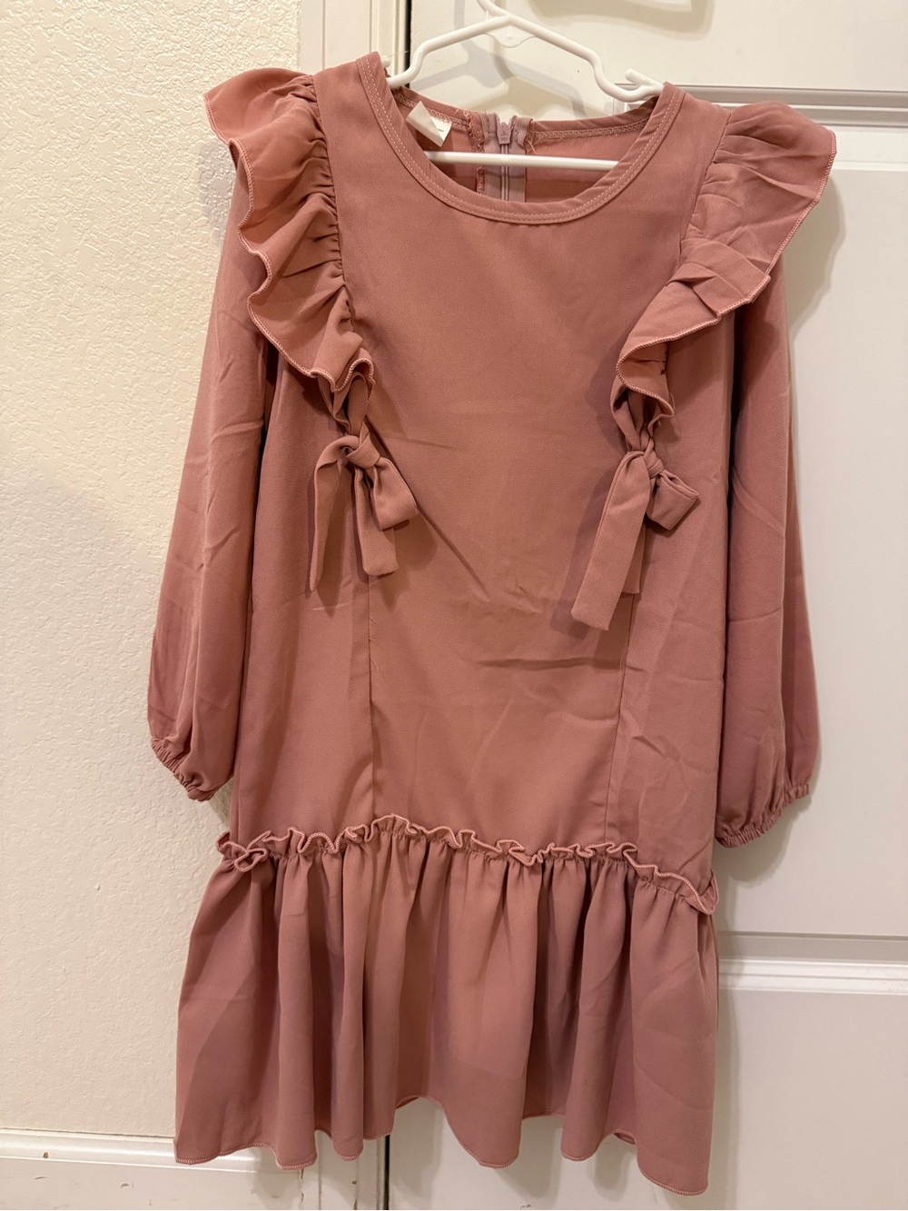 Little Girls' Ruffle Tie-Detail Dress in Dusty Rose